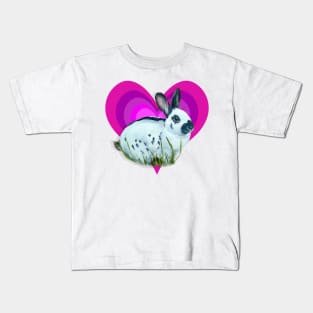 Gorgeous English Spot rabbit on a rainbow purple heart! Kids T-Shirt